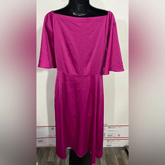 Banana Republic Satin Magenta Midi Dress Elegant Pink Flutter Sleeve Dress - Picture 6 of 13